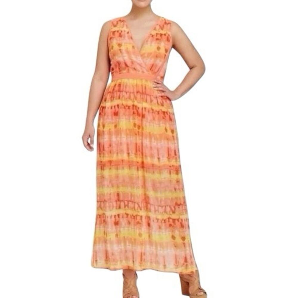 Calvin Klein Sleeveless Faux Wrap Maxi Dress Size 16 Orange Watercolor Chiffon